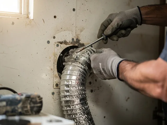 Hopkinton Dryer Vent Cleaning technician performing precise dryer vent hose installation in Hopkinton